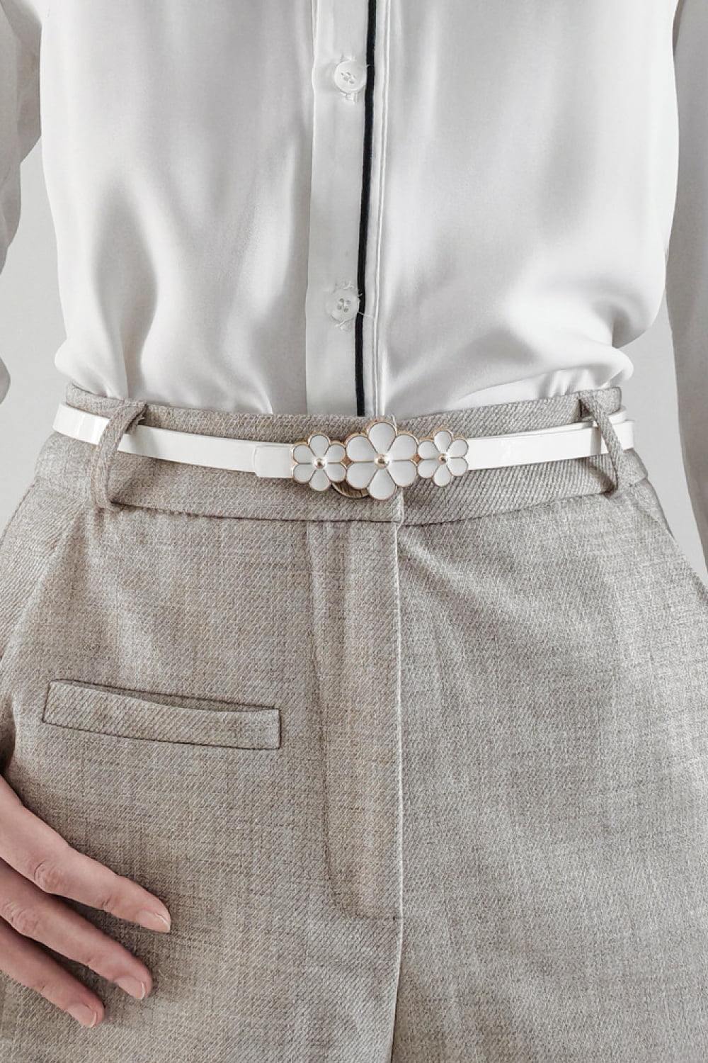 Flower Decor Skinny PU Belt - Trendsi