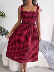 Frill Plaid Square Neck Midi Dress - Trendsi