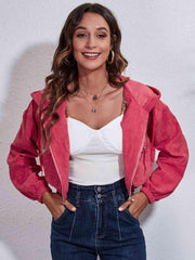 Drawstring Hooded Zip Up Jacket with Pockets - Trendsi
