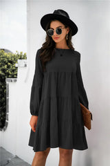 Balloon Sleeve Keyhole Tiered Dress - Trendsi - Flyclothing LLC