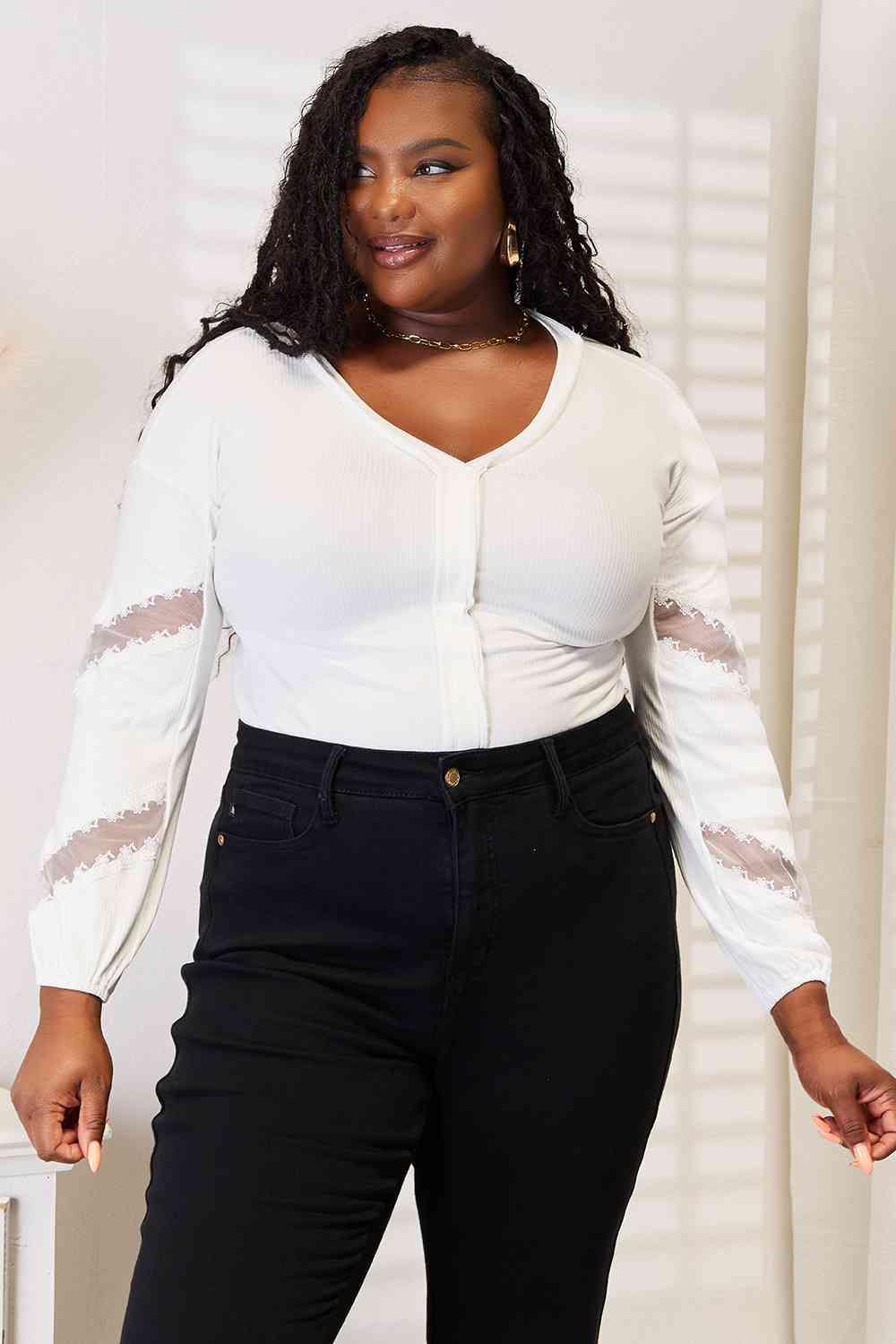Double Take V-Neck Dropped Shoulder Blouse - Trendsi
