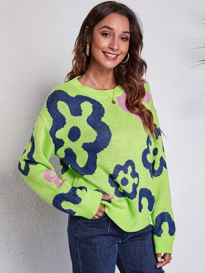 Flower Pattern Round Neck Long Sleeve Sweater - Trendsi