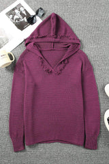 Horizontal Ribbing Fringe Trim Hooded Sweater - Trendsi - Flyclothing LLC