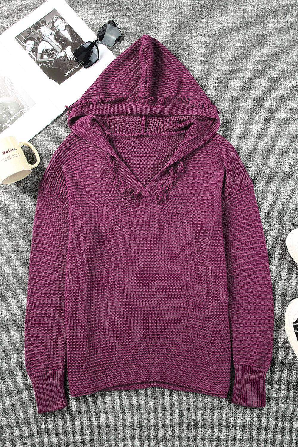 Horizontal Ribbing Fringe Trim Hooded Sweater - Trendsi - Flyclothing LLC