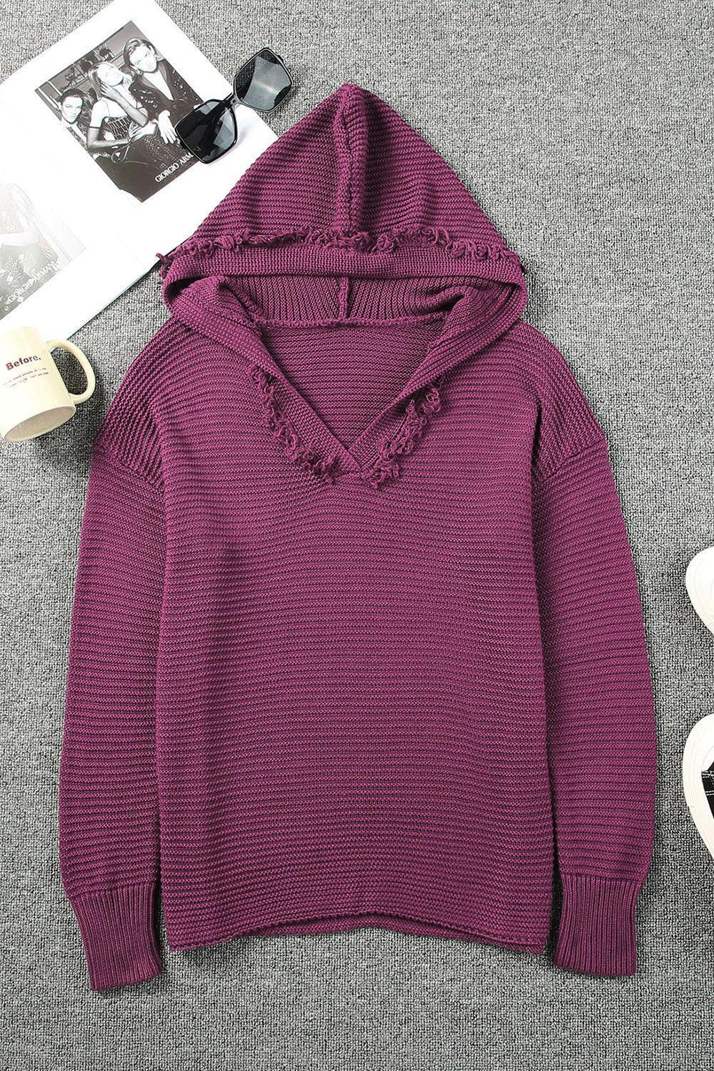 Horizontal Ribbing Fringe Trim Hooded Sweater - Trendsi