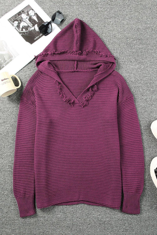 Horizontal Ribbing Fringe Trim Hooded Sweater - Trendsi
