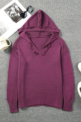 Horizontal Ribbing Fringe Trim Hooded Sweater - Trendsi