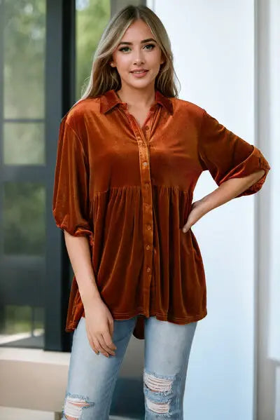 Tiered Button Up Collared Neck Shirt - Trendsi - Flyclothing LLC