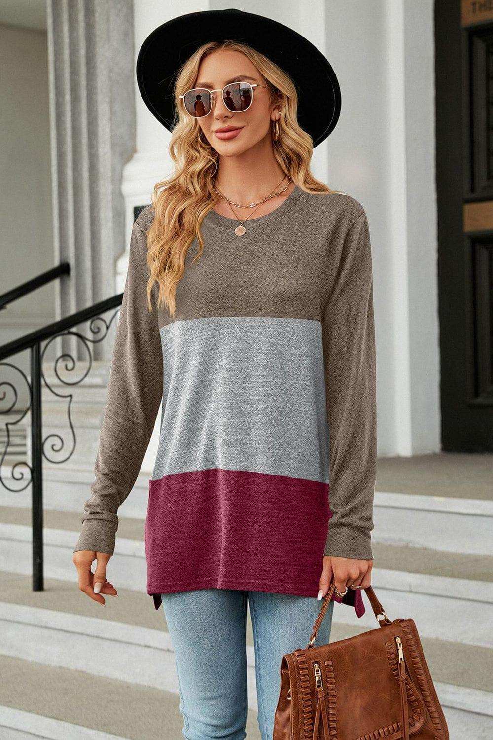 Color Block Round Neck Long Sleeve Slit T-Shirt - Trendsi - Flyclothing LLC