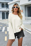 High-Low Slit Round Neck Long Sleeve Sweater - Trendsi - Flyclothing LLC