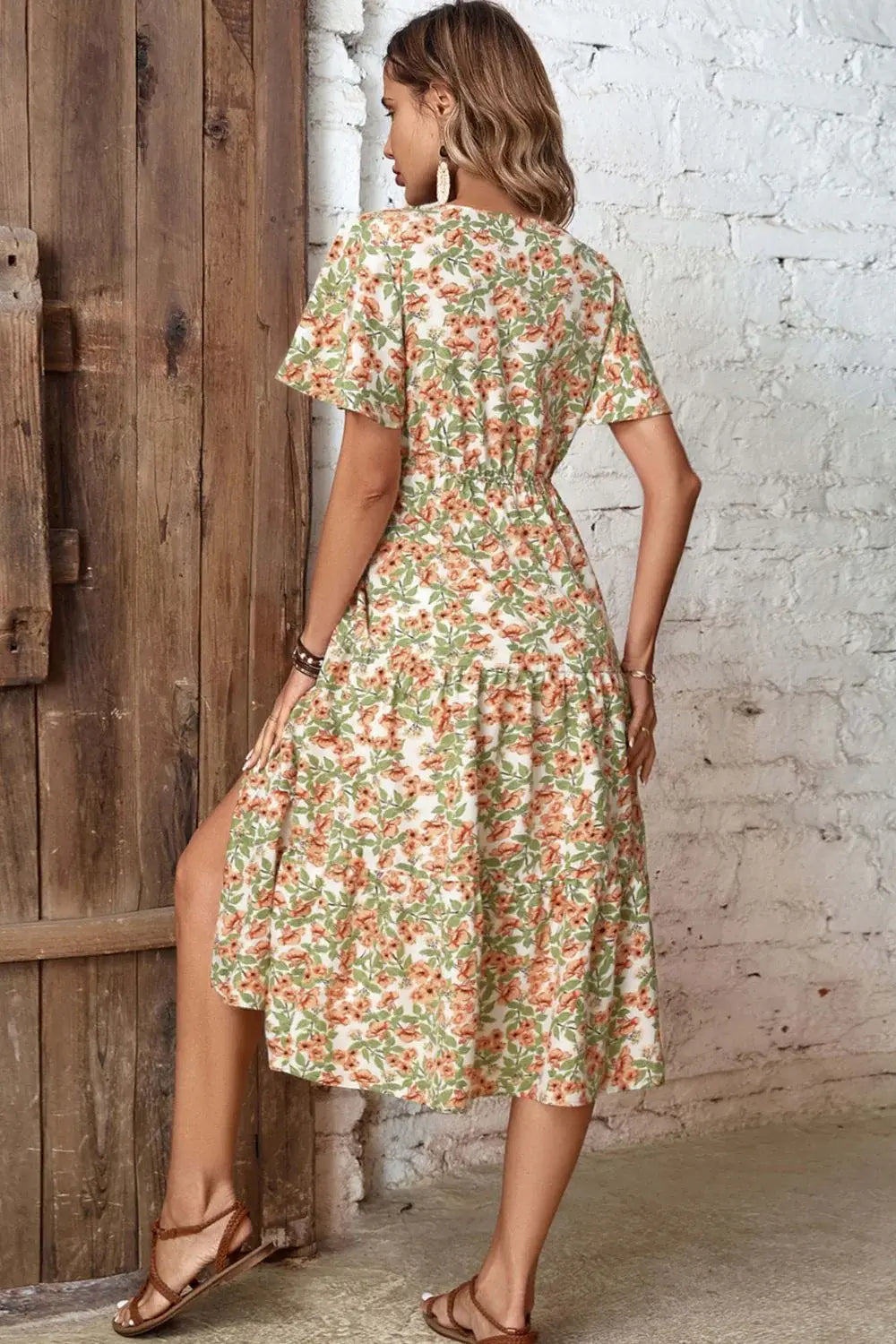 Floral V-Neck Front Slit Dress - Trendsi - Flyclothing LLC