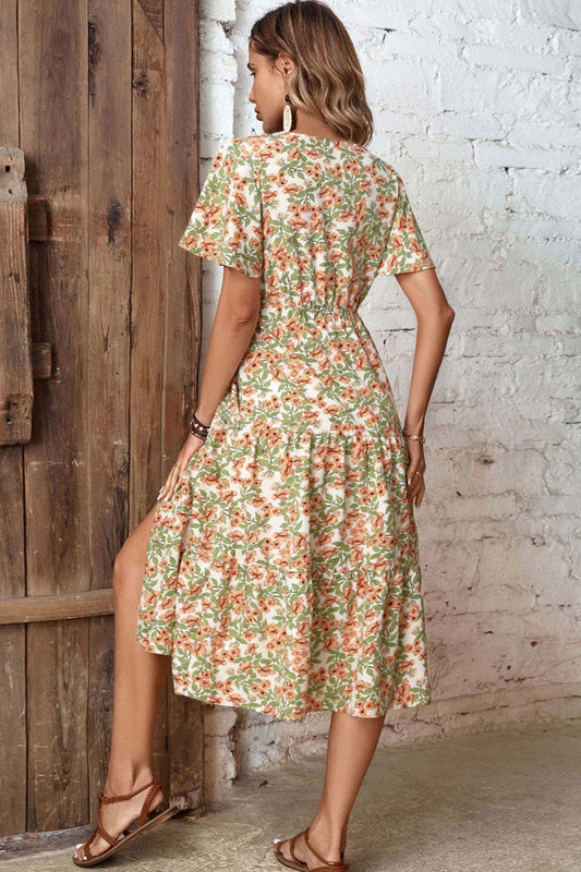 Floral V-Neck Front Slit Dress - Trendsi