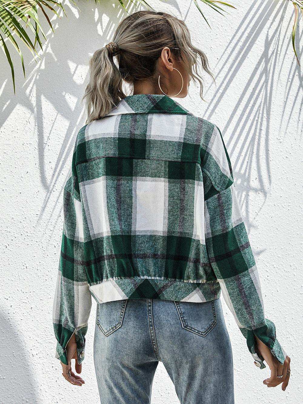 Plaid Dropped Shoulder Shirt Jacket - Trendsi - Flyclothing LLC