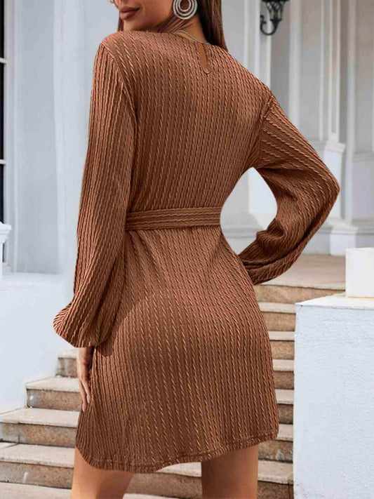 Round Neck Tie Front Long Sleeve Dress - Trendsi - Flyclothing LLC