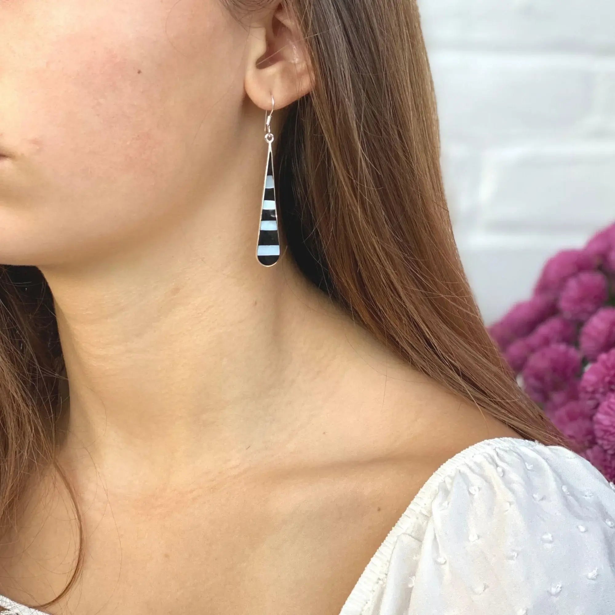 Taxco Silver Black Onyz & Abalone Zebra Long Teardrop Earrings - Artisana - Flyclothing LLC