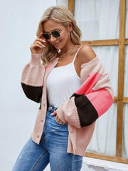Color Block Button Up Lantern Sleeve Cardigan - Trendsi