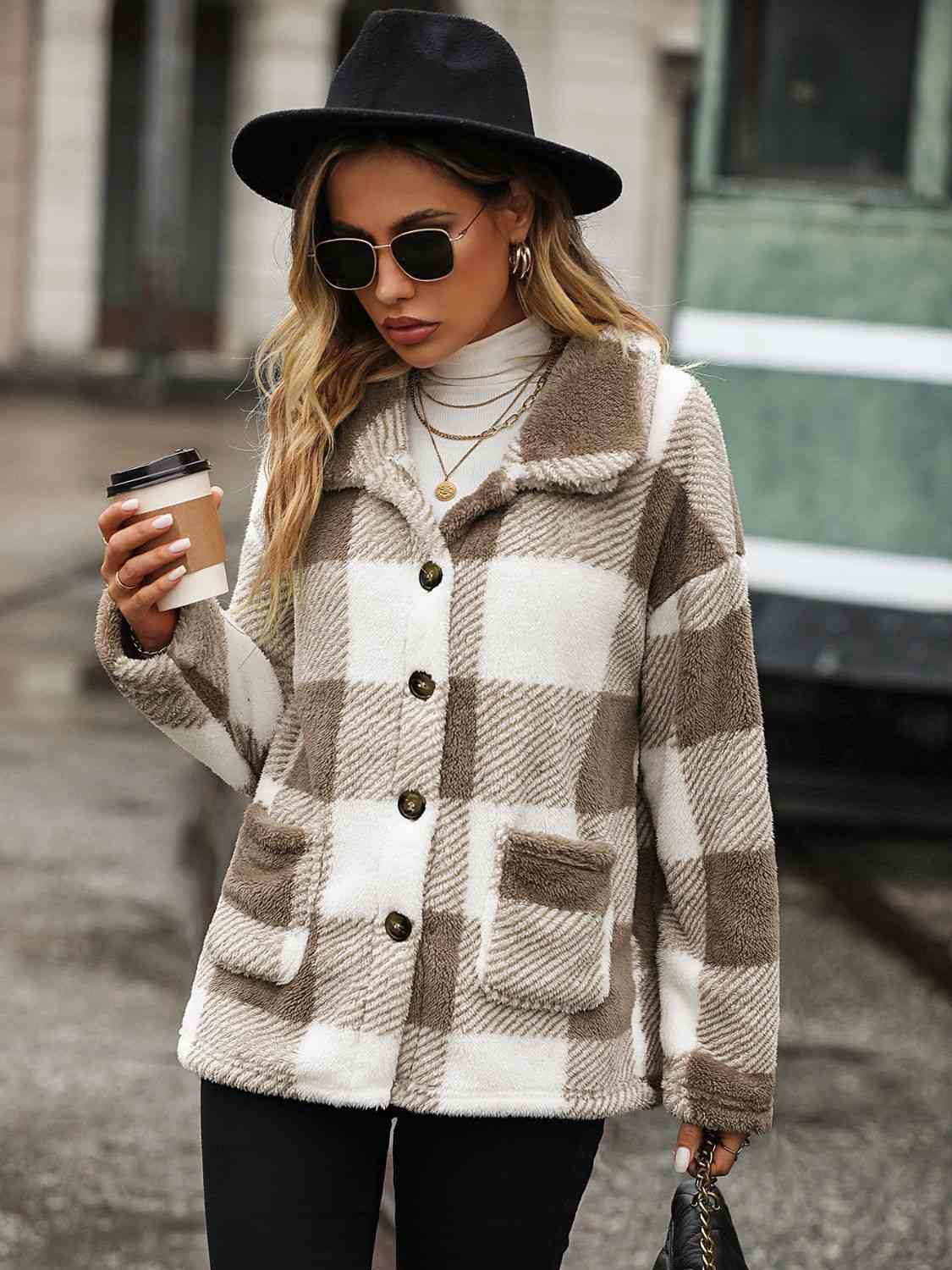 Plaid Collared Neck Button Down Jacket - Trendsi