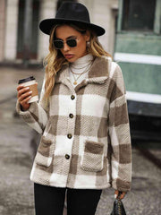 Plaid Collared Neck Button Down Jacket - Trendsi