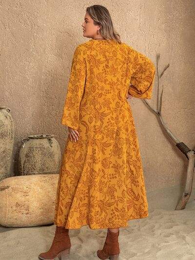 Plus Size Printed Slit Long Sleeve Dress - Trendsi - Flyclothing LLC