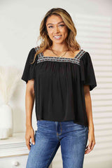 Double Take Contrast Square Neck Puff Sleeve Blouse - Trendsi - Flyclothing LLC