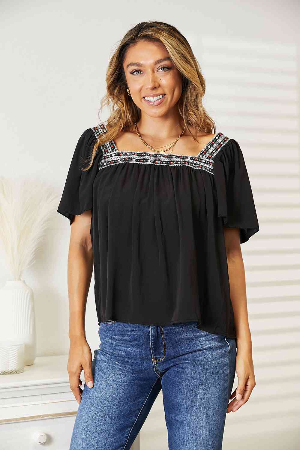 Double Take Contrast Square Neck Puff Sleeve Blouse - Trendsi - Flyclothing LLC