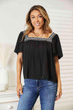 Double Take Contrast Square Neck Puff Sleeve Blouse - Trendsi