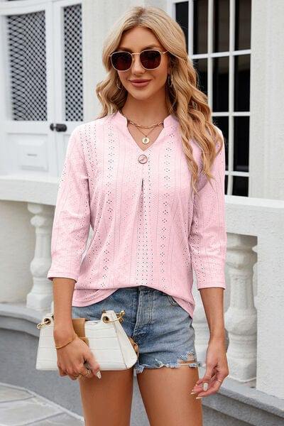 Eyelet Notched Knit Jacquard Top - Trendsi