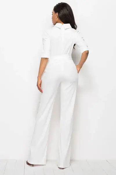 Mock Neck Tie-Waist Half Sleeve Jumpsuit - Trendsi - Flyclothing LLC