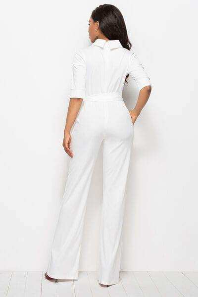 Mock Neck Tie-Waist Half Sleeve Jumpsuit - Trendsi - Flyclothing LLC