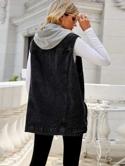 Drawstring Pocketed Button Up Sleeveless Denim Jacket - Trendsi - Flyclothing LLC