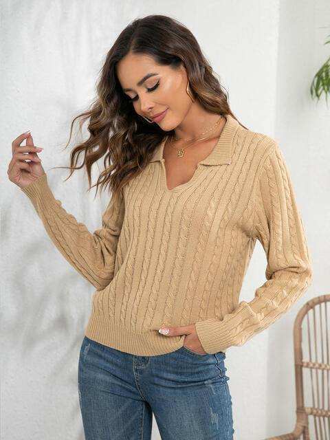 Johnny Collar Cable-Knit Long Sleeve Sweater - Trendsi - Flyclothing LLC