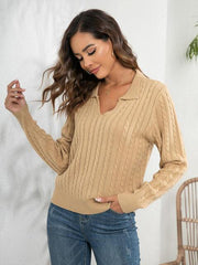 Johnny Collar Cable-Knit Long Sleeve Sweater - Trendsi