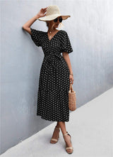 Printed V-Neck Flutter Sleeve Belted Dress - Trendsi - Flyclothing LLC