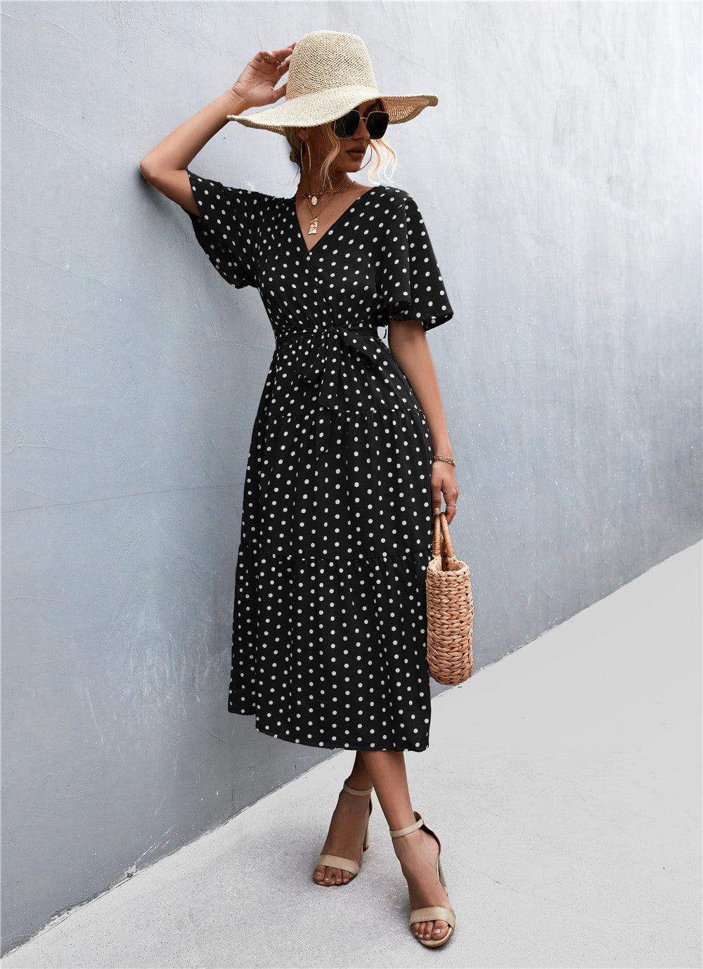 Printed V-Neck Flutter Sleeve Belted Dress - Trendsi - Flyclothing LLC