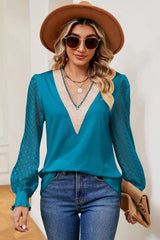 Openwork V-Neck Long Sleeve T-Shirt - Trendsi - Flyclothing LLC
