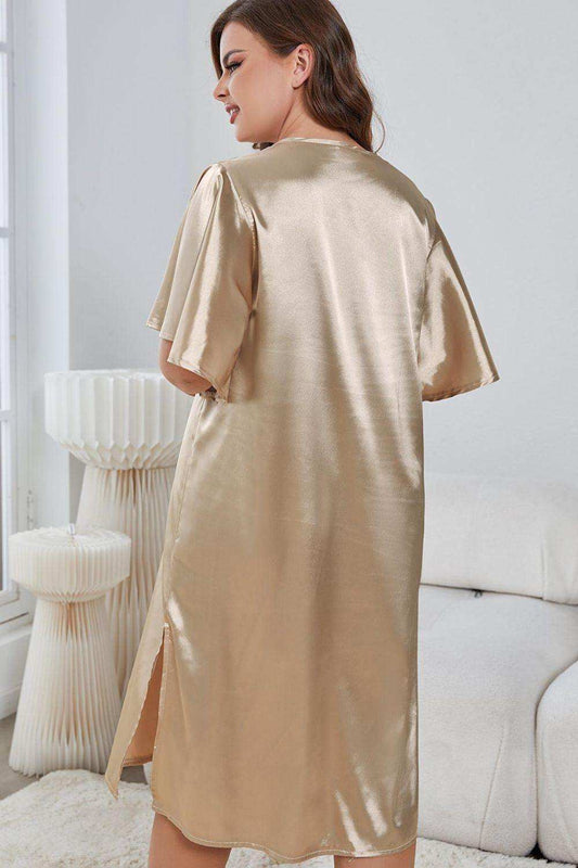 Plus Size Flutter Sleeve V-Neck Side Slit Night Gown - Trendsi - Flyclothing LLC