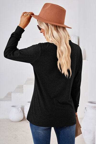 Notched Button Detail Long Sleeve T-Shirt - Trendsi - Flyclothing LLC