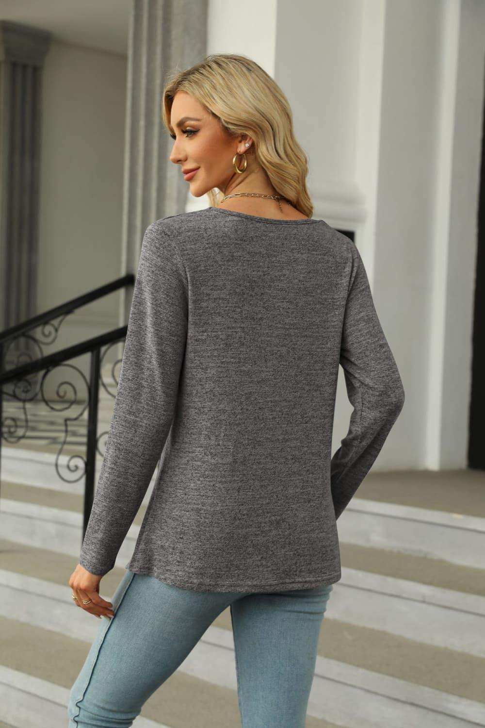 Square Neck Long Sleeve Slit T-Shirt - Trendsi - Flyclothing LLC