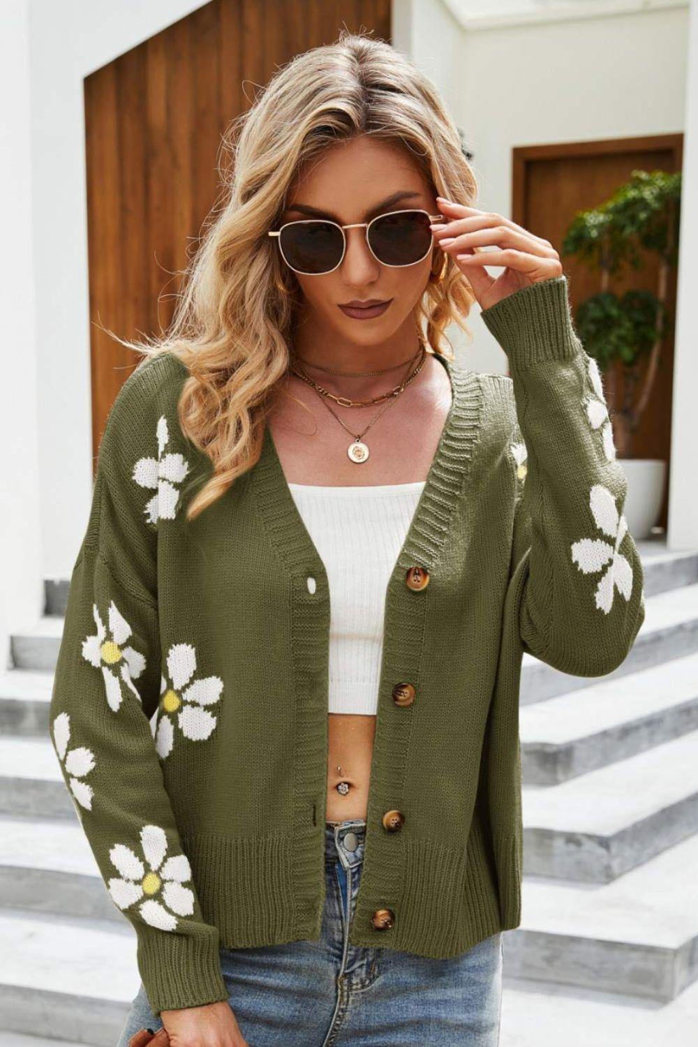 Floral Ribbed Trim Drop Shoulder Cardigan - Flyclothing LLC