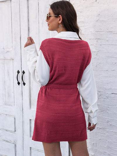 Tie Front V-Neck Sleeveless Slit Sweater Dress - Trendsi - Flyclothing LLC