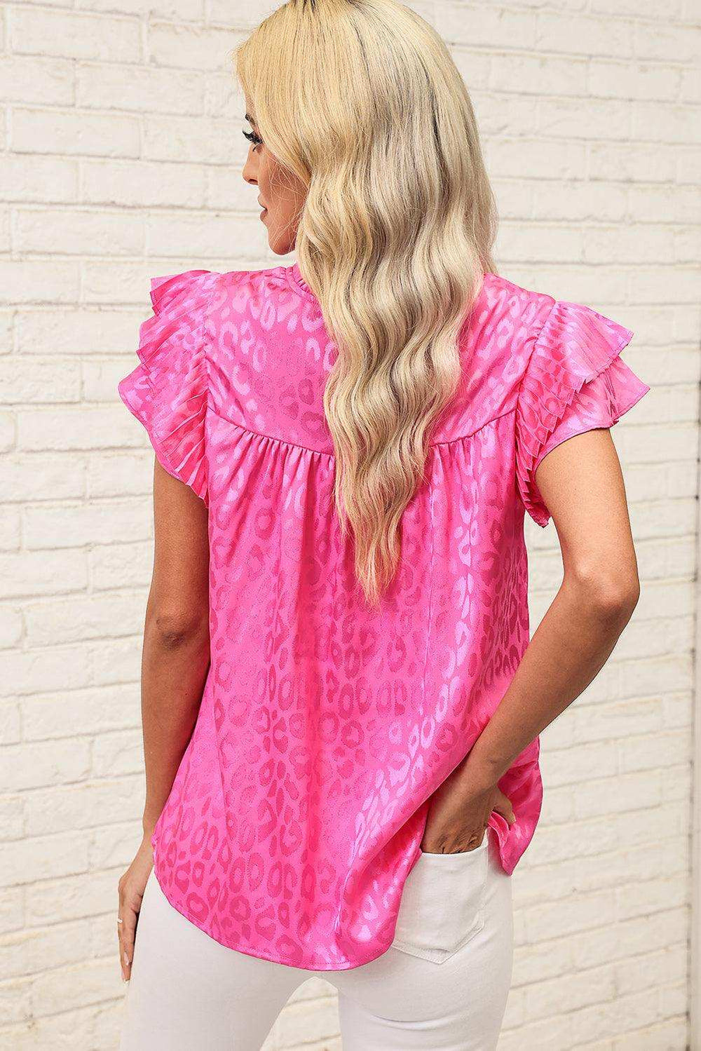 Leopard Flutter Sleeve Frill Neck Blouse - Trendsi - Flyclothing LLC