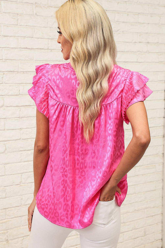 Leopard Flutter Sleeve Frill Neck Blouse - Trendsi - Flyclothing LLC