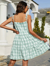 Plaid Tie-Shoulder Sleeveless Tiered Dress - Trendsi - Flyclothing LLC