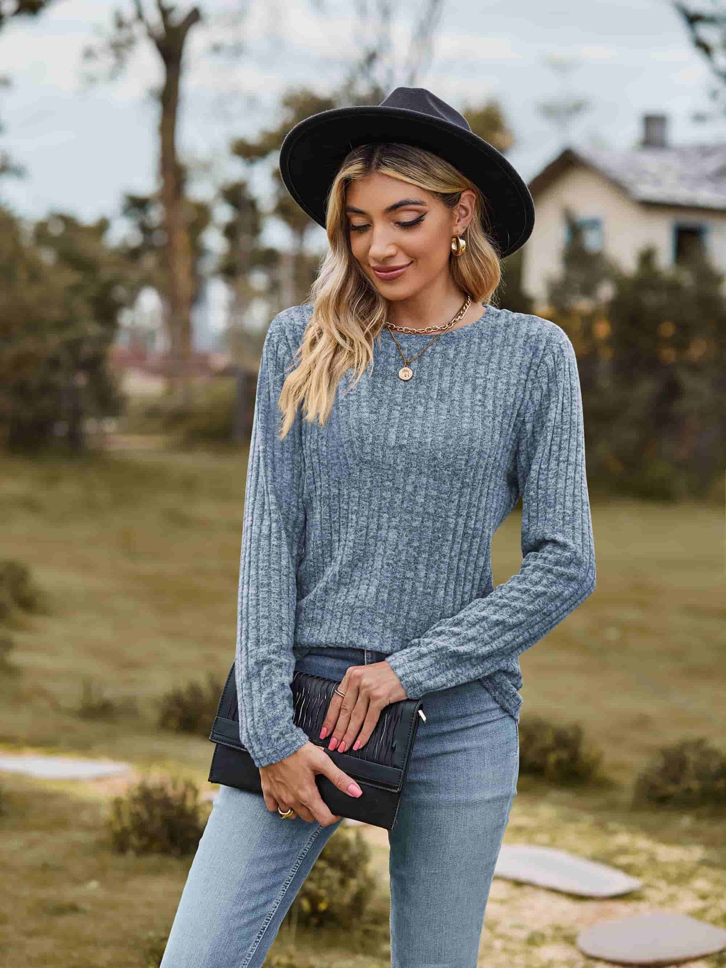 Ribbed Round Neck Long Sleeve Tee - Trendsi - Flyclothing LLC