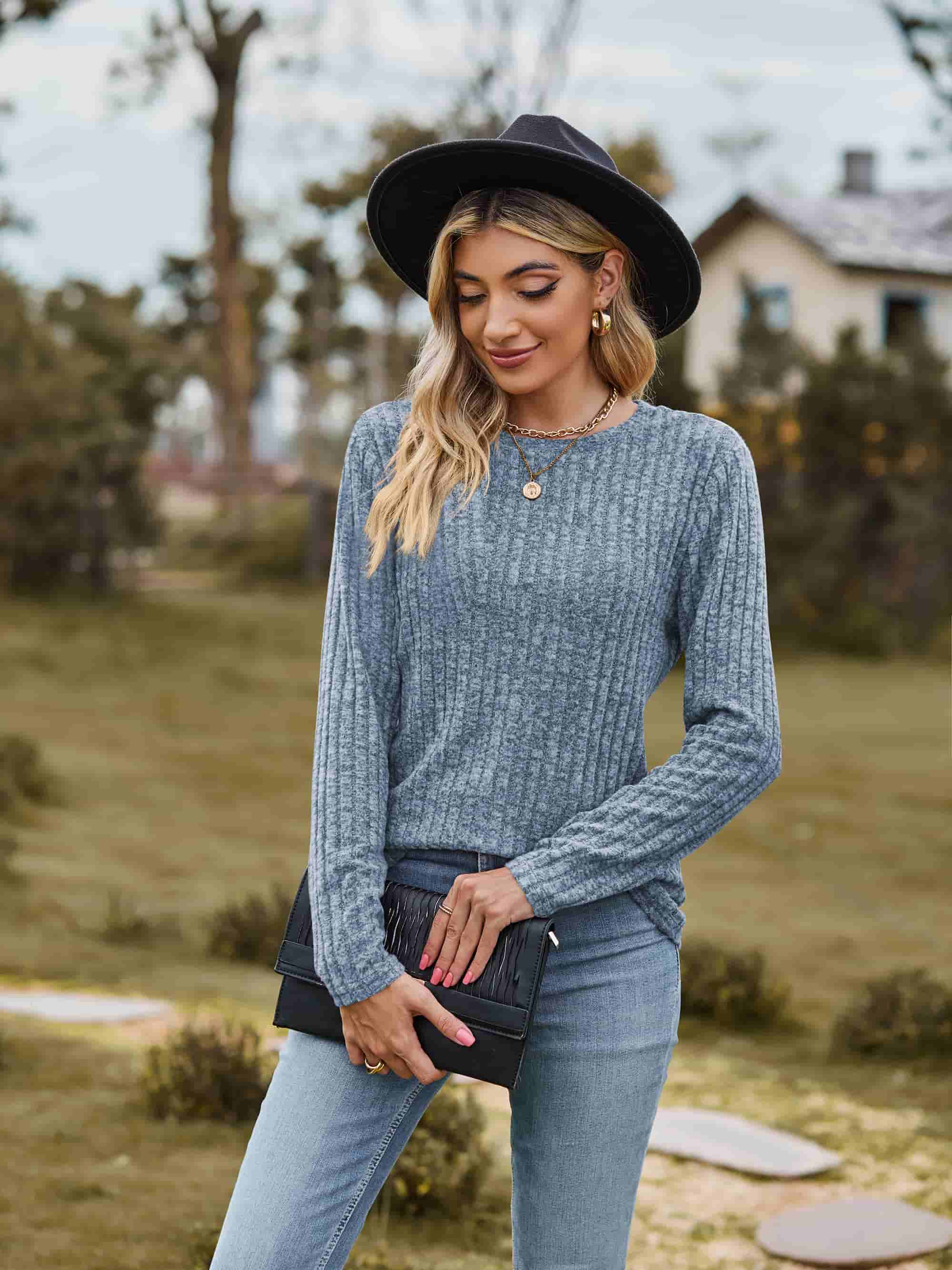 Ribbed Round Neck Long Sleeve Tee - Trendsi - Flyclothing LLC