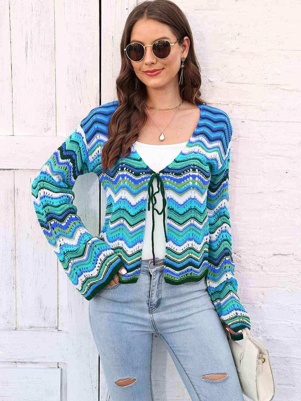 Striped Openwork Tied Cardigan - Trendsi - Flyclothing LLC