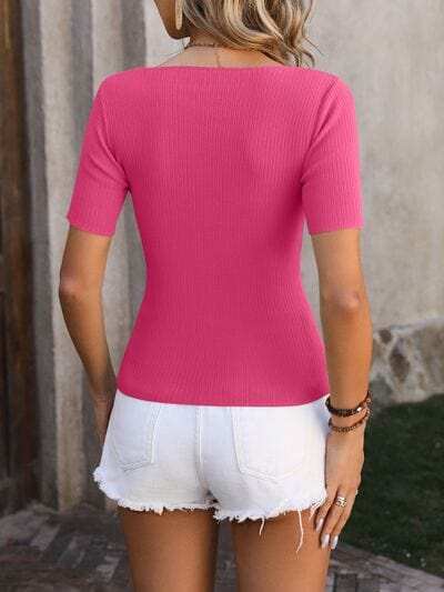 Square Neck Short Sleeve Sweater - Trendsi - Flyclothing LLC
