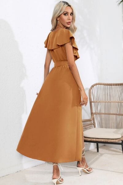 Ruffled Tied V-Neck Midi Dress - Trendsi
