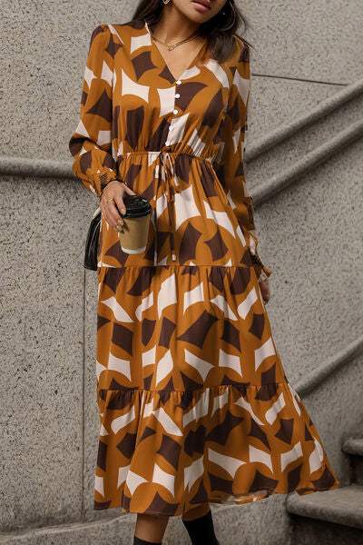 Printed Tied Pocketed Lantern Sleeve Dress - Trendsi - Flyclothing LLC