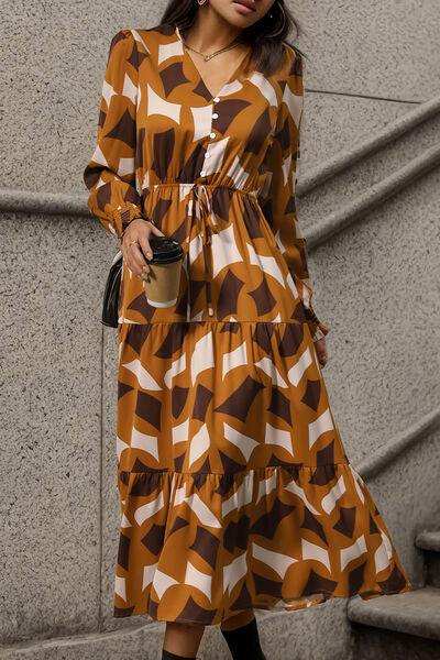 Printed Tied Pocketed Lantern Sleeve Dress - Trendsi - Flyclothing LLC
